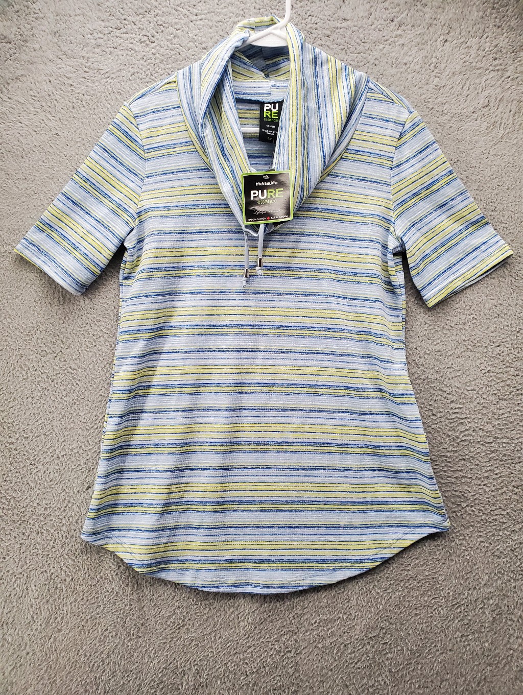 Pure Essence Cowl Neck Top Womens Small Short Sleeve Blue Yellow Striped Nwt